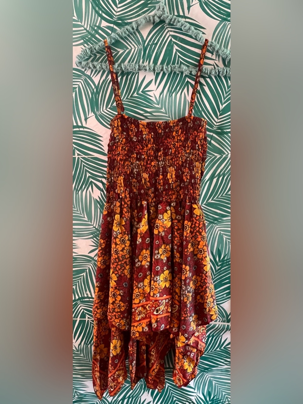 GardenBelle Shop Bohemian Smocked Floral Midi Dress - Burgundy & Mustard